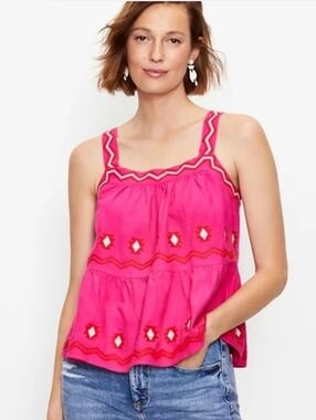 Ann Taylor Loft Fuchsia Linen Blend Embroidered Sleeveless Swing Tank Top Size M